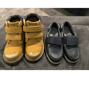 Carter's navy blue boat slip on shoes & Skechers tan work boots toddler boy 9